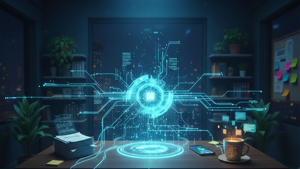 Ilustración neo-futurista de una oficina automatizada por inteligencia artificial, donde un asistente digital hecho de flujos de datos ilumina un escritorio con facturas, móvil y taza de café, simbolizando la automatización con humanidad y el equilibrio entre tecnología y personas.