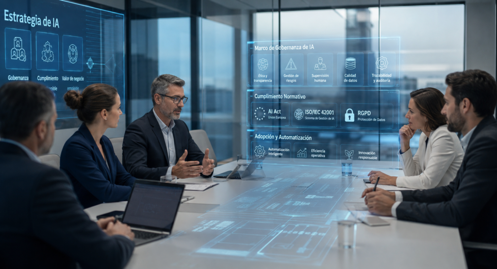 Equipo empresarial analizando el cumplimiento del AI Act y la ISO 42001 para la adopción segura de Inteligencia Artificial.